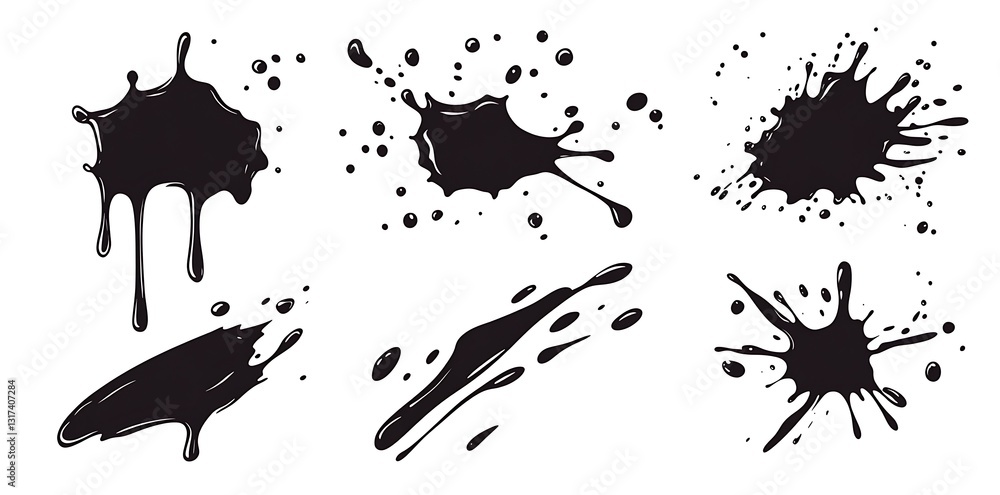 Wall mural black vector water or paint splashes and drops set, isolated on a white background