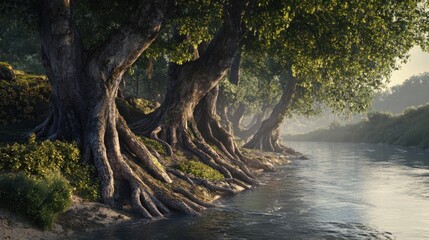Fototapeta premium Enchanting riverside scenery featuring majestic trees with intertwining root systems