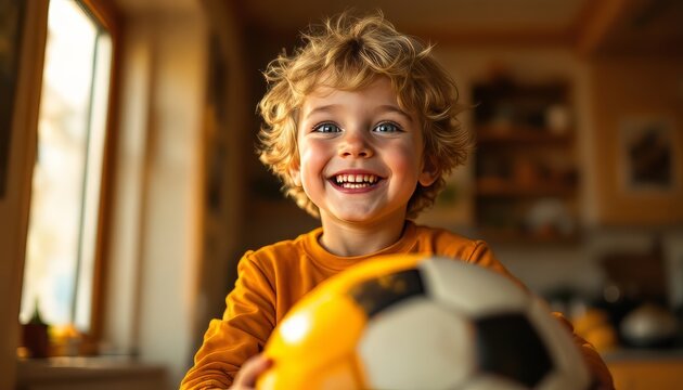 Cheerful young boy with curly hair holding a soccer ball indoors.
