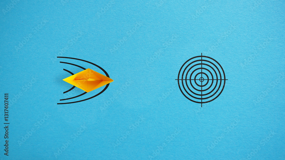 Poster a paper ship going to the aim as the symbol of fast movement to the intended goal. successful busine
