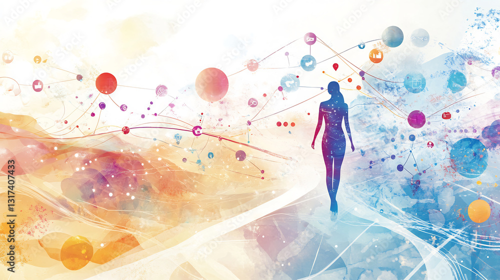 Poster Artistic visualization of market research showcasing symbolic pathways abstract forms understanding consumer behavior