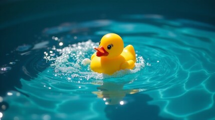 A cheerful yellow rubber ducky floats serenely on a vibrant turquoise surface, surrounded by gentle ripples and effervescent bubbles.