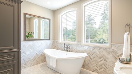 Bright bathroom featuring a tub under windows, cabinet, marble accent