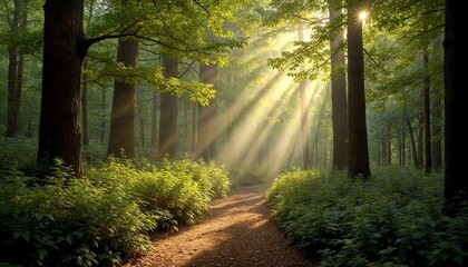 Obraz premium Golden Sunlit Path in Serene Forest