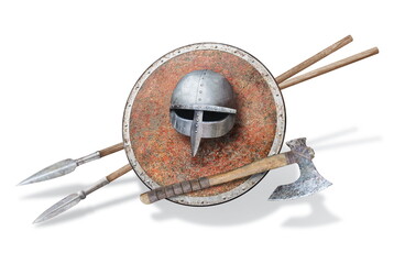 viking's helmet red shield axe and two spears on white
