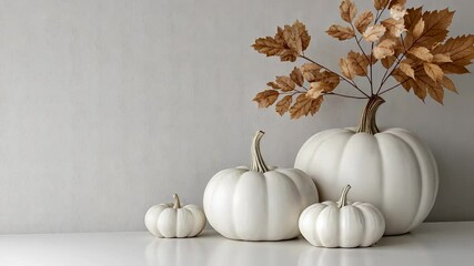 White pumpkins and dry maple leaves creating an autumn flat lay thanksgiving composition on white background with copy space video 4k
