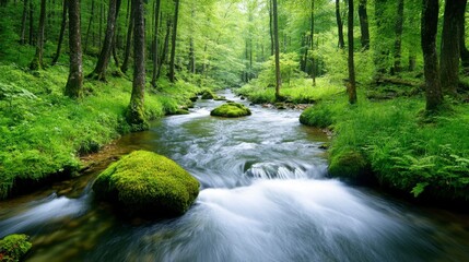 Serene stream flows through lush green forest, moss covered rocks in foreground, soft natural light, tranquil atmosphere.