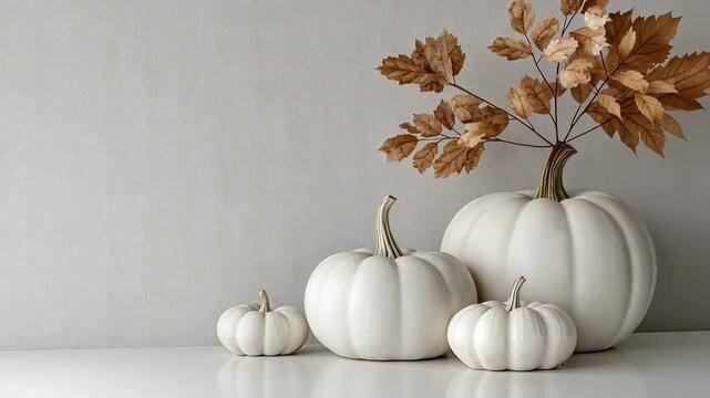 White pumpkins and dry maple leaves creating an autumn flat lay thanksgiving composition on white background with copy space video 4k