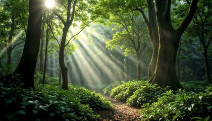 Serene Sunlit Forest Path Inviting Exploration