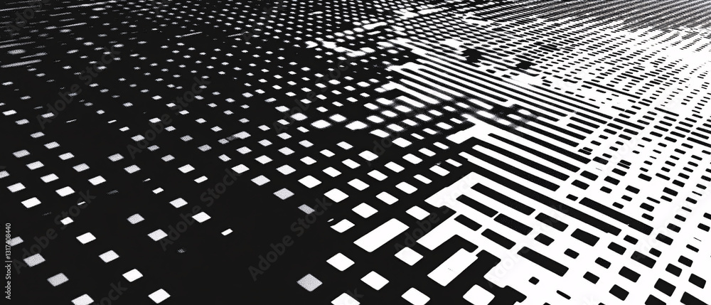 Poster a high-contrast abstract black and white pixel grid pattern with futuristic digital elements creatin