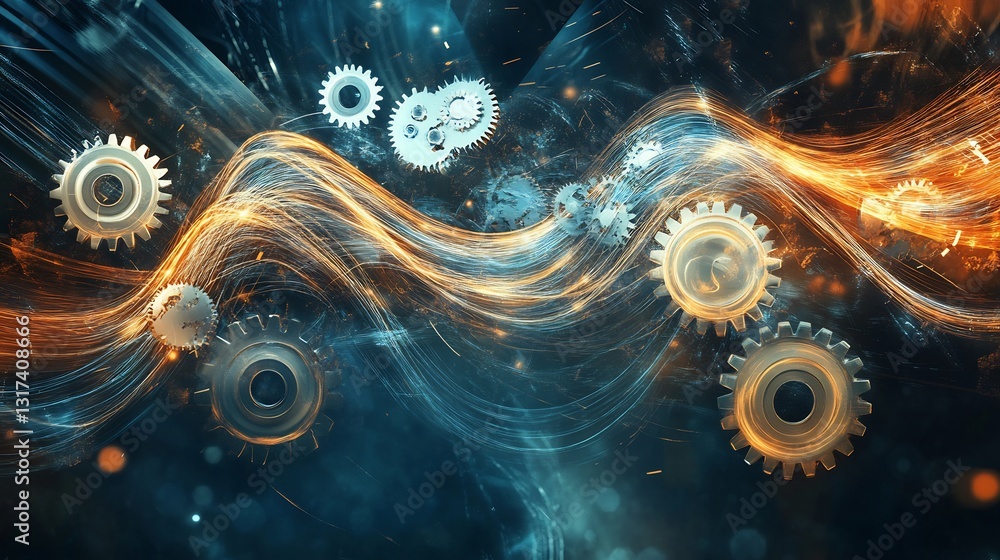 Fototapete Artistic visualization of production theory symbolic gears flowing lines representing efficiency and output
