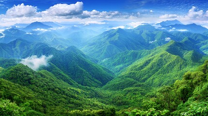 Lush Green Mountain Range Panorama Under a Blue Sky