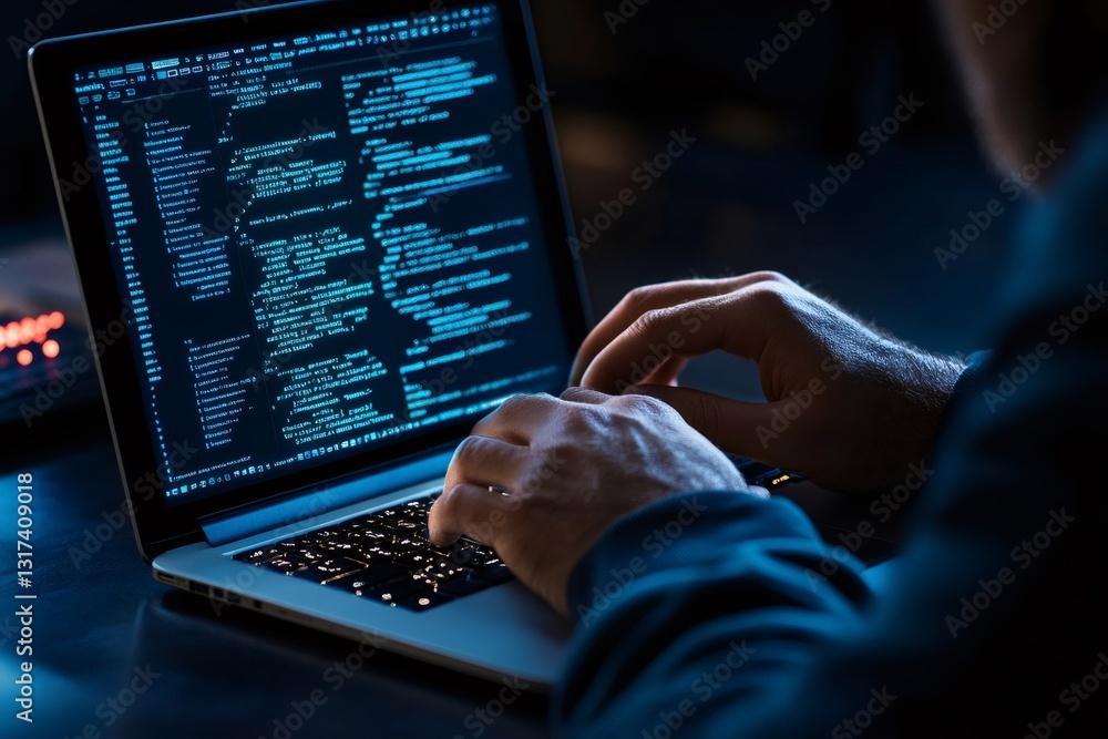 Fototapete programmer writing code on a laptop in a dark room