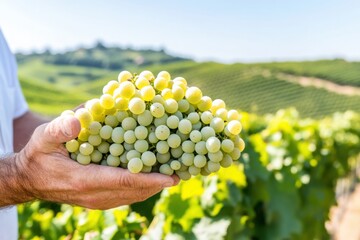 Winemaker inspects white grapes in lush vineyard under clear blue sky amidst rolling hills before harvest