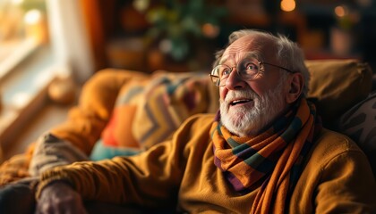 Obraz premium Cheerful elderly man with white beard in a cozy scarf, enjoying a moment indoors.