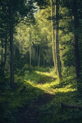 Obraz premium A winding path leads through a dense forest with tall trees and lush foliage
