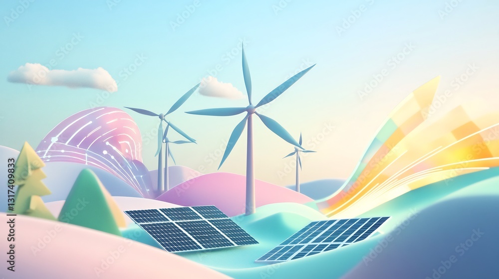 Poster artistic visualization of renewable energy adoption featuring stylized wind turbine solar grids abst
