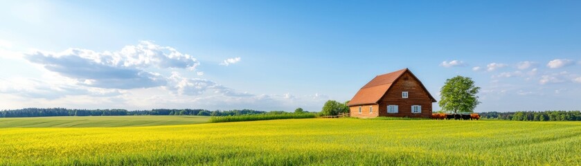 Scenic rural landscape featuring wooden house open field nature photography sunny day wide angle tranquility