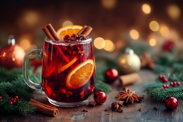 Christmas mulled wine with spices and christmas decorations illuminating the warm atmosphere
