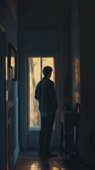 A person stands in front of a door in a dark room, unsure what's on the other side