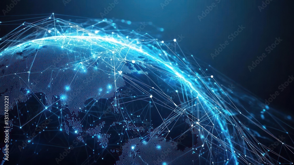 Poster abstract digital network visualization of the earth with bright blue lines and nodes