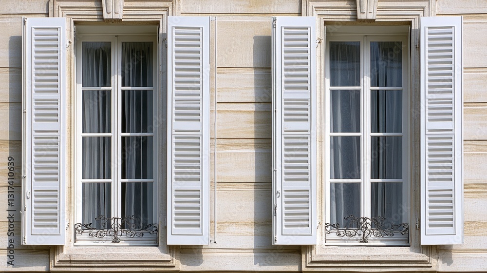 Poster close up view of two identical windows with white shutters on a light beige stone building. the wind