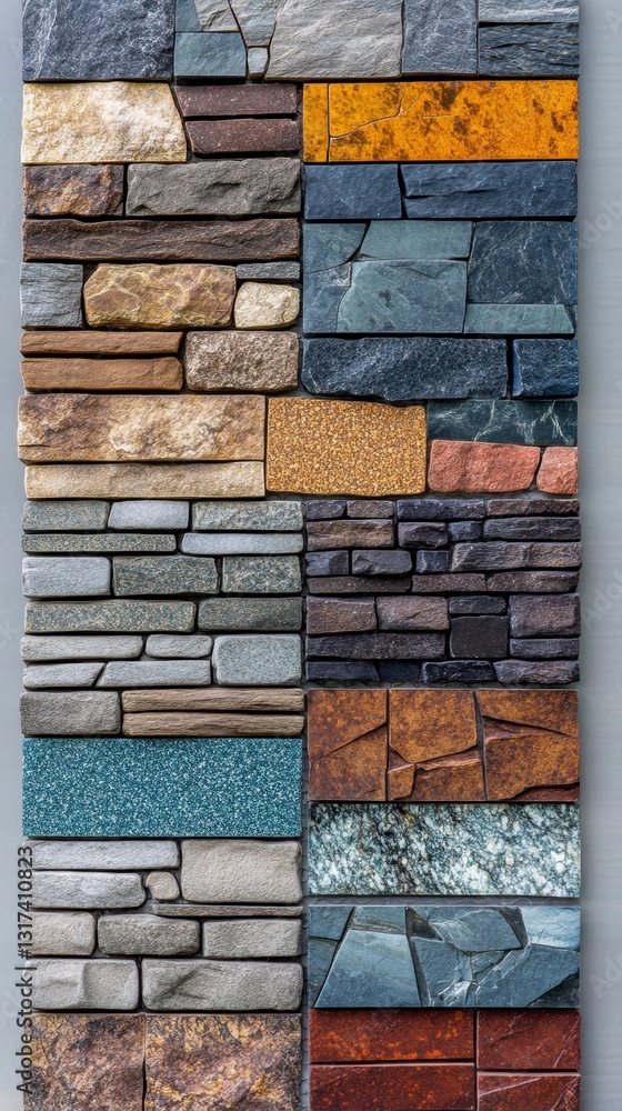 Poster a vertical display showcasing a variety of stone textures and colors. samples show various stone typ