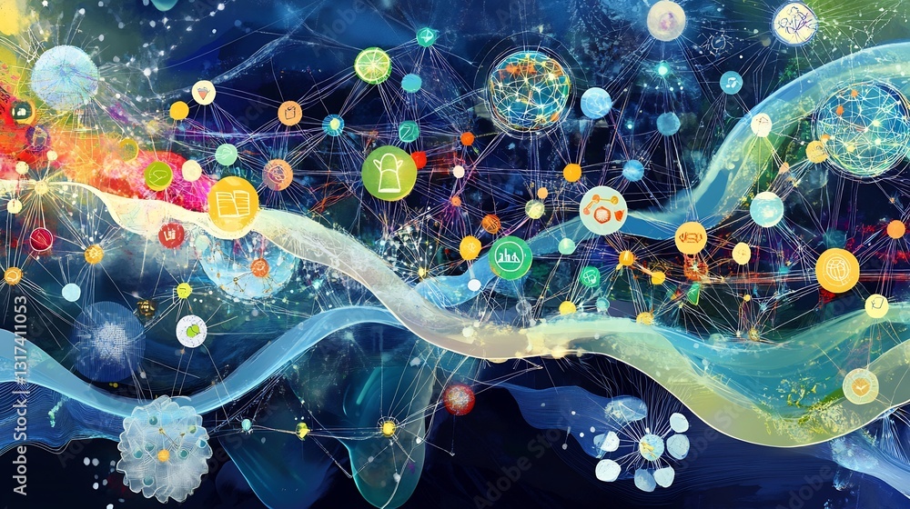 Poster Artistic visualization of startup ecosystems featuring symbolic nodes interwoven layers representing innovation collaboration