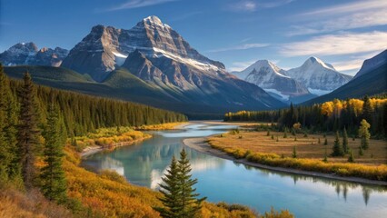 Majestic mountain range, Winding river, Lush green forests