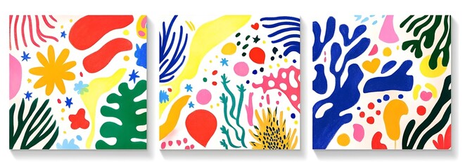 Set of three vector seamless patterns in modern abstract style with nature motifs, flowers, leaves and hand drawn texture