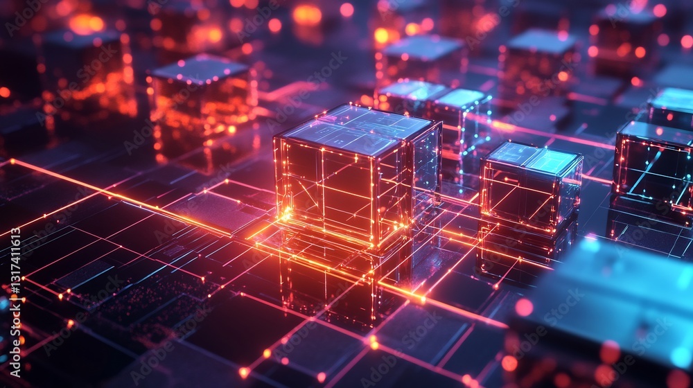 Leinwandbilder blockchain technology visualized glowing interconnected blocks forming radiant decentralized network