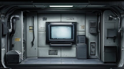 Obraz premium Retro Futuristic Spaceship Cabin Interior: A Grungy Sci-Fi Room