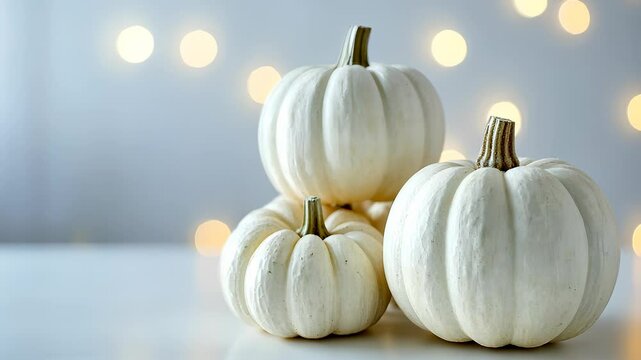 Rustic wooden autumn surface displaying white pumpkins nestled among soft eucalyptus leaves, presenting elegant fall seasonal decor with minimalist white thanksgiving background Copy space for text vi