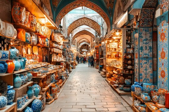 Tourists walking in tabriz bazaar with traditional persian ceramics and handicrafts