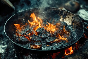 A frying pan filled with flames and a spatula inside, perfect for a dramatic scene or cooking concept