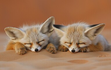 Obraz premium Two Fennec Fox pups sleeping together in sand dunes.