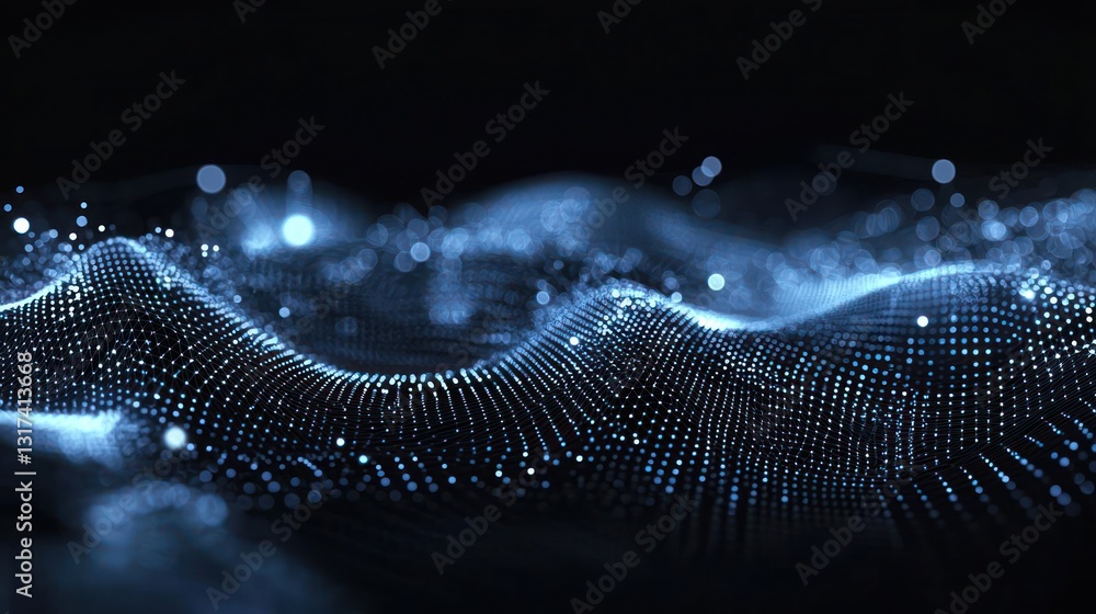 Poster abstract blue particle wave forms a digital network in dark background with bright lights and futuri