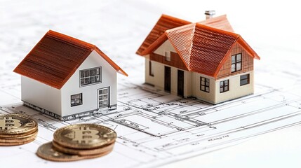 Miniature Houses On Architectural Plans With Cryptocurrency Coins Conceptualizing Real Estate Investments