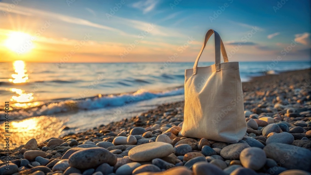 Poster a canvas bag rests on a pebbled beach at sunset, with the calm sea and the golden light of the setti