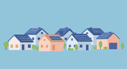 Illustrated homes with solar panels on rooftops in a suburban neighborhood, highlighting clean and renewable energy solutions.