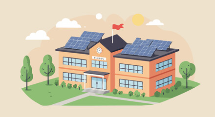 A modern school building with solar panels, surrounded by greenery and bright skies, symbolizing sustainability and eco-friendly education. © Vector Factory