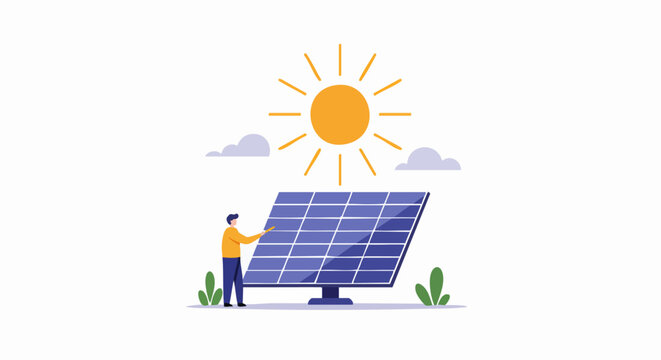 Illustration of a person examining a solar panel under a bright sun, representing renewable energy and sustainability.