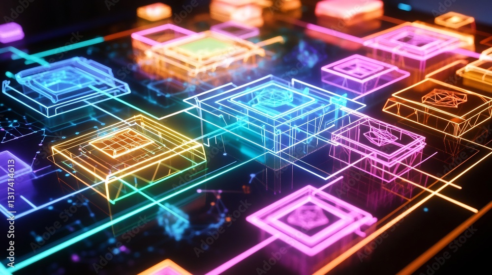 Poster collaboration strategy illustrated glowing overlapping layers of geometric designs representing team