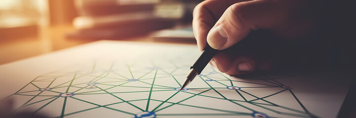 illustration of hand drawing green connecting lines on paper mapping plan of network diagram ideas contemplation image concept