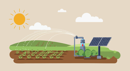 Illustration of a solar-powered irrigation system in a sunny farm field, highlighting sustainable agriculture and renewable energy. © Vector Factory