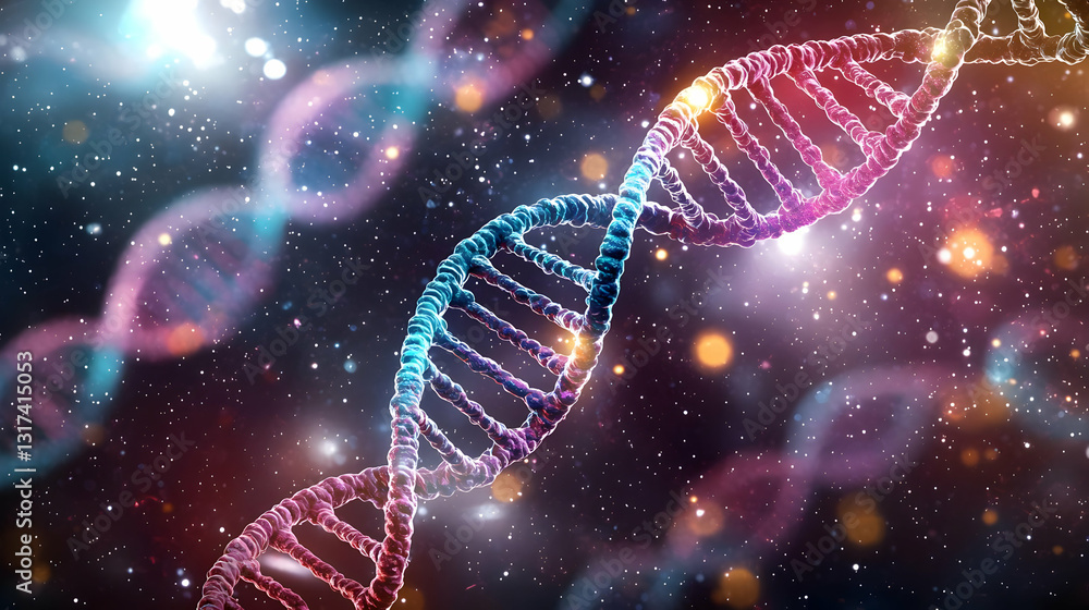 Poster vivid 3d rendered dna double helix structure against a backdrop of colorful particles in a dark cosm