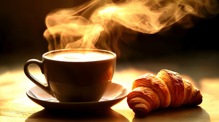Steaming cappuccino and croissant on wooden table, sunlit background; ideal for breakfast menus or food blogs
