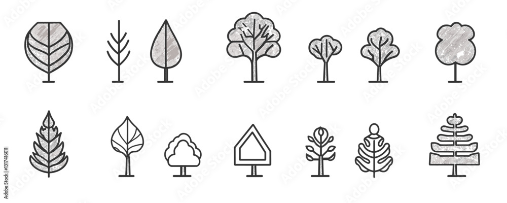 Poster flat linear icons set of various tree designs for nature-themed projects.