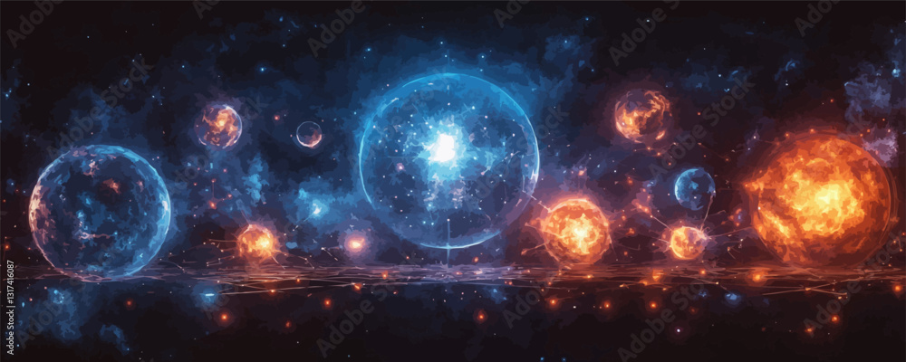Poster cosmic planets icons set: flat linear vector style of glowing celestial bodies.