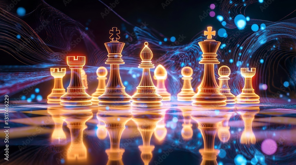 Aufkleber competitive advantage shown illuminated chess pieces a reflective board surrounded by abstract glowi
